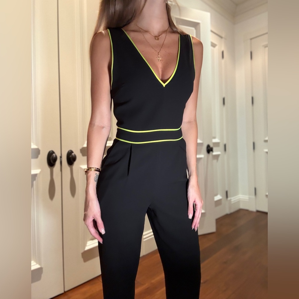 Alive + Olivia by Stacey Bendet Black Jeri Neon Yellow Piped Jumpsuit
